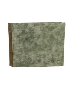 Δερμάτινο αντρίκιο πορτοφόλι σε πράσινο χρώμα και καφέ λεπτομέρεια στο πλευρό.
